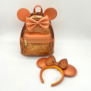 2 Pc Set Disney Parks Loungefly Sequined Peach Punch Backpack & Ears New